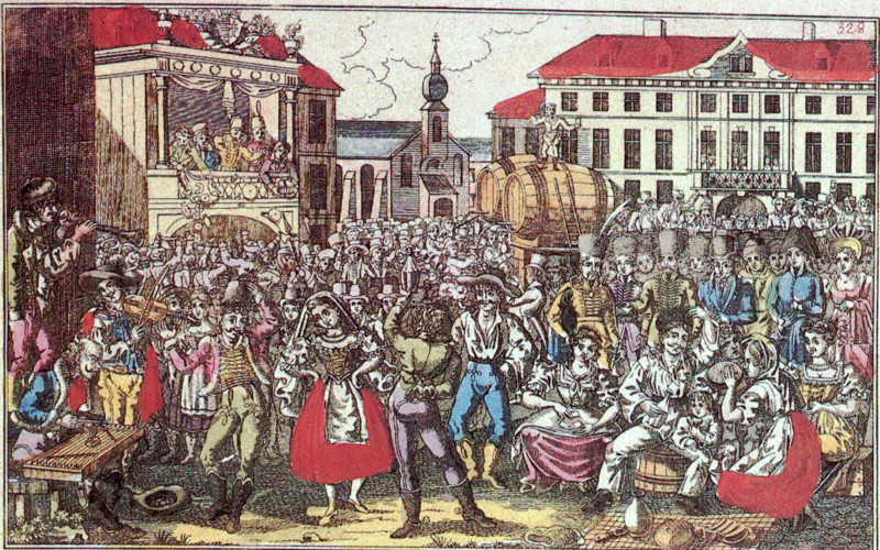 Ľudová veselica pod Michalskou bránou po
korunovaní Ferdinanda V., kolorovaná rytina